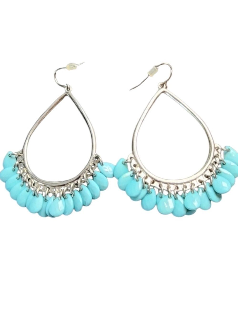 Silvertone Aqua Beaded Teardrop Earrings